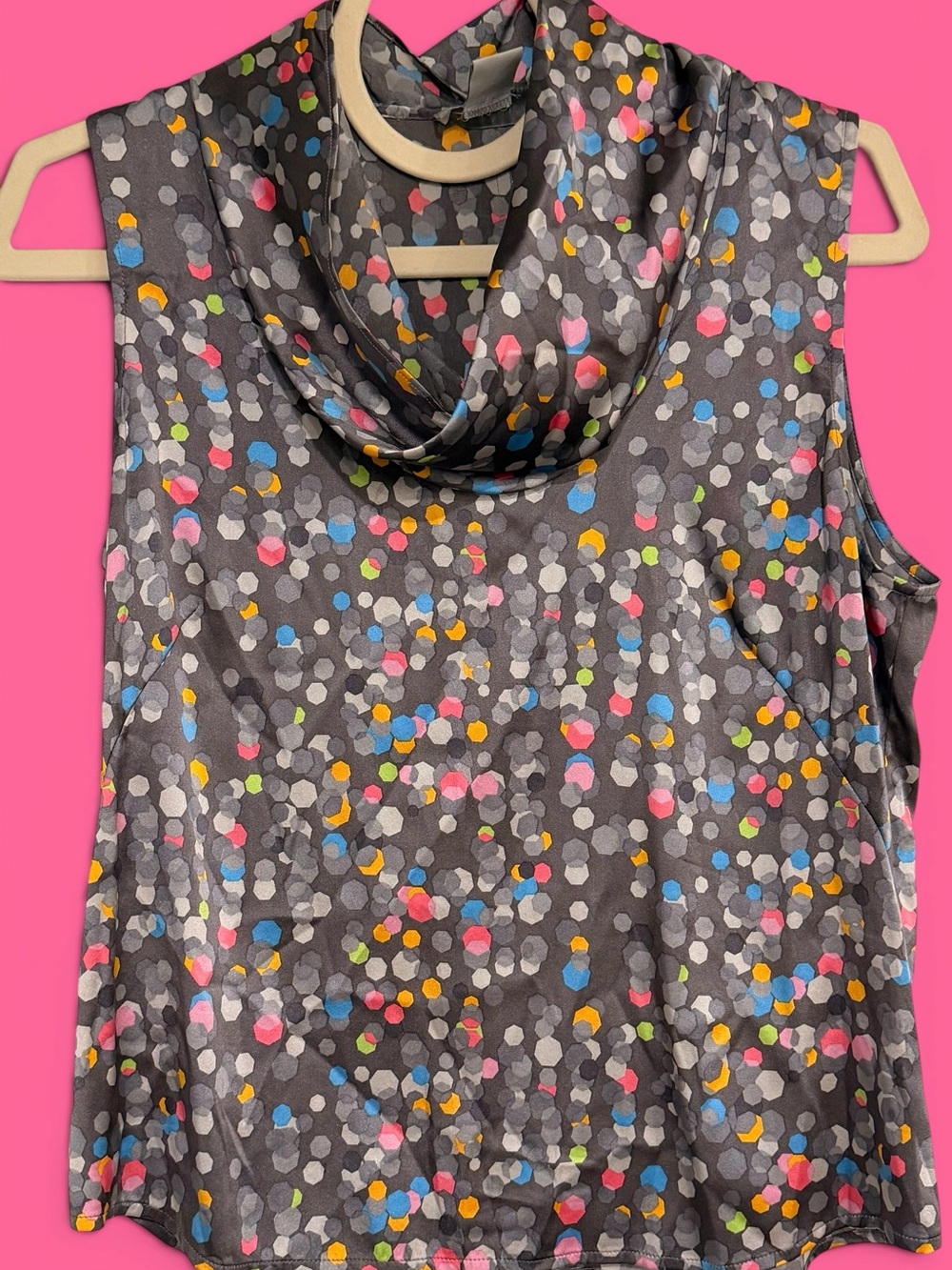 august silk Gray Cowl Neck Tank with Multicolor Dot Print Silk Fabric